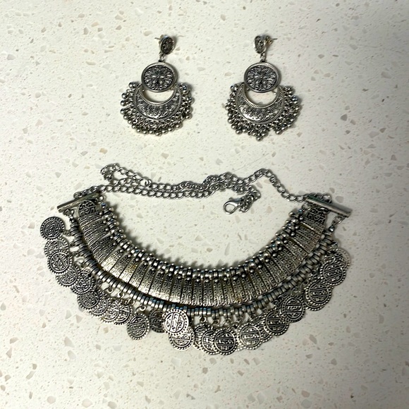 Silver Boho Statement Coin Earrings & Necklace set - Picture 1 of 3
